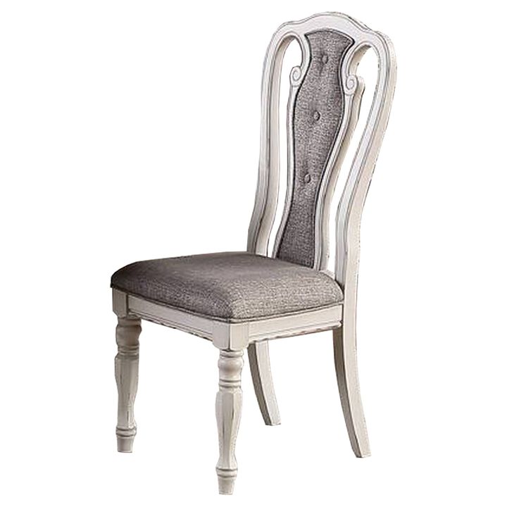 Dining Chair with Button Tufted Backrest, Padded Seat, Set of 2, White and Gray-Benzara