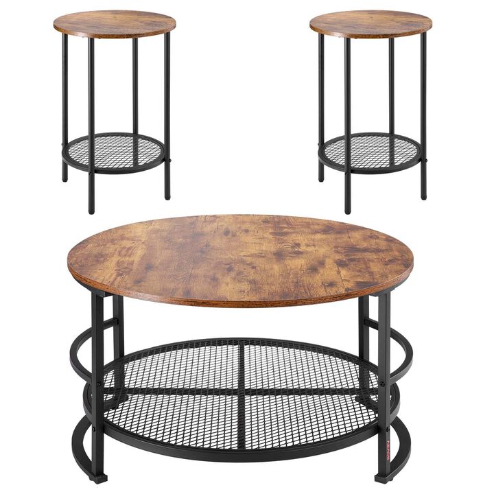 Industrial 3 Piece Coffee Table Set Round Center Table with 2 End Tables for Living Room-Brown