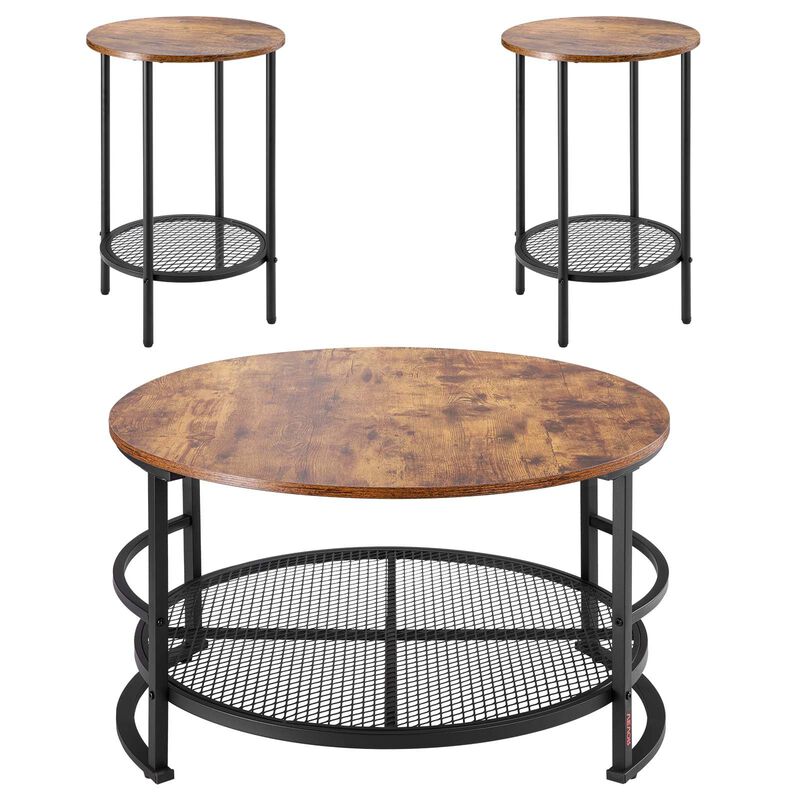 Industrial 3 Piece Coffee Table Set Round Center Table with 2 End Tables for Living Room-Brown image number 0