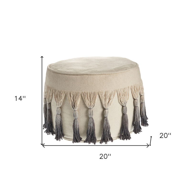 Hivvago 20 Inch Beige Cotton Round Ombre Pouf Ottoman