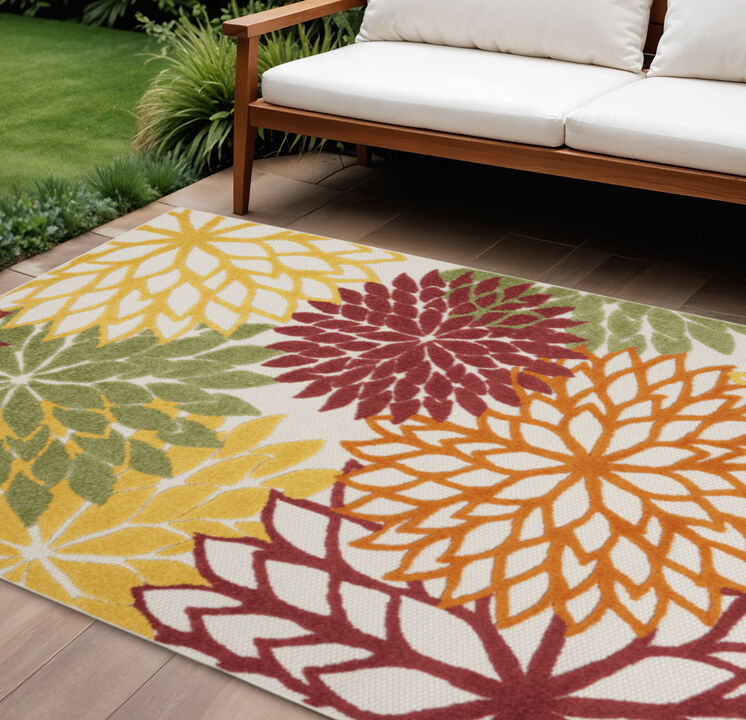 HomeRoots 7' X 10' Red Ivory Yellow And Orange Floral Indoor Outdoor Area Rug