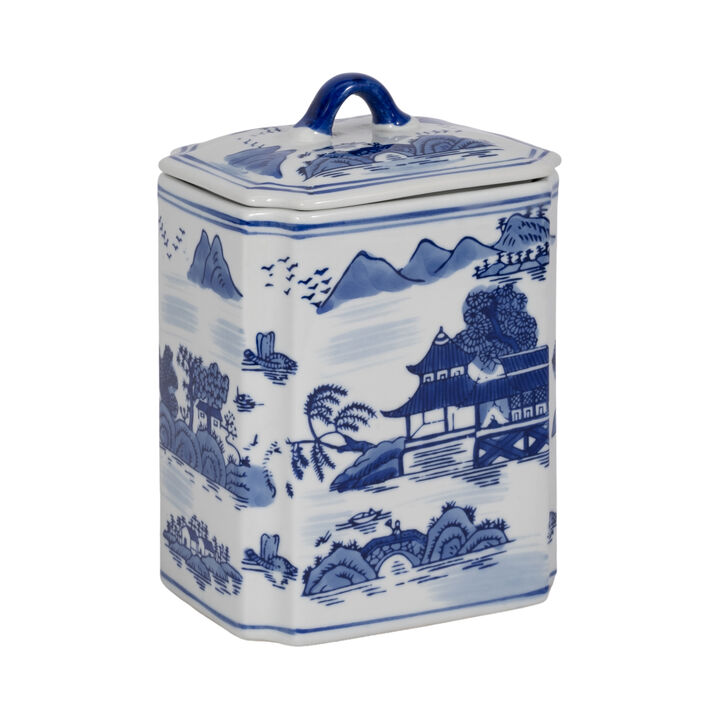 Cer, 8"h Rectangular Jar W/ Lid, Blue