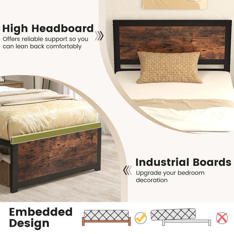 Metal Bed Frame with High Headboard and Mute Bars for Noise-Free Sleeping