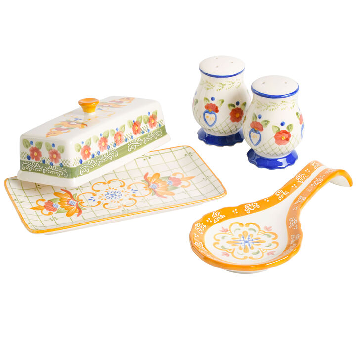 Laurie Gates Tierra 4 Piece Hand Painted Ceramic Tableware Accessory Set