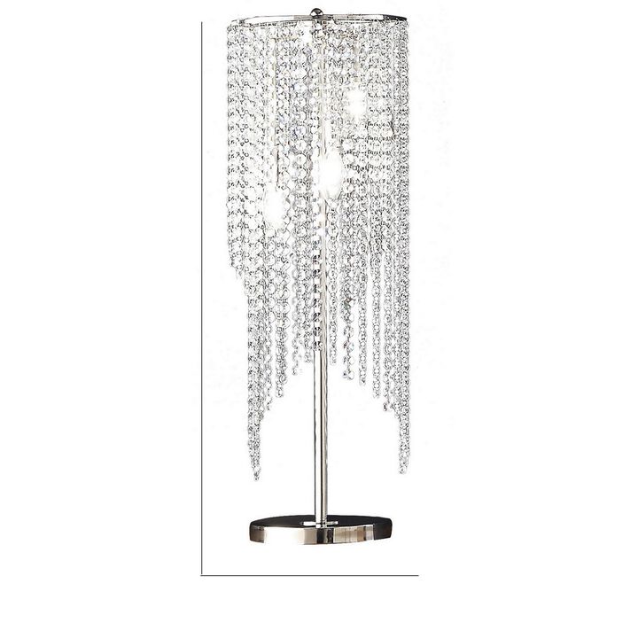 Mindy 30 Inch Table Lamp, Crystal Raindrops Design, Metal, Clear Finish-Benzara