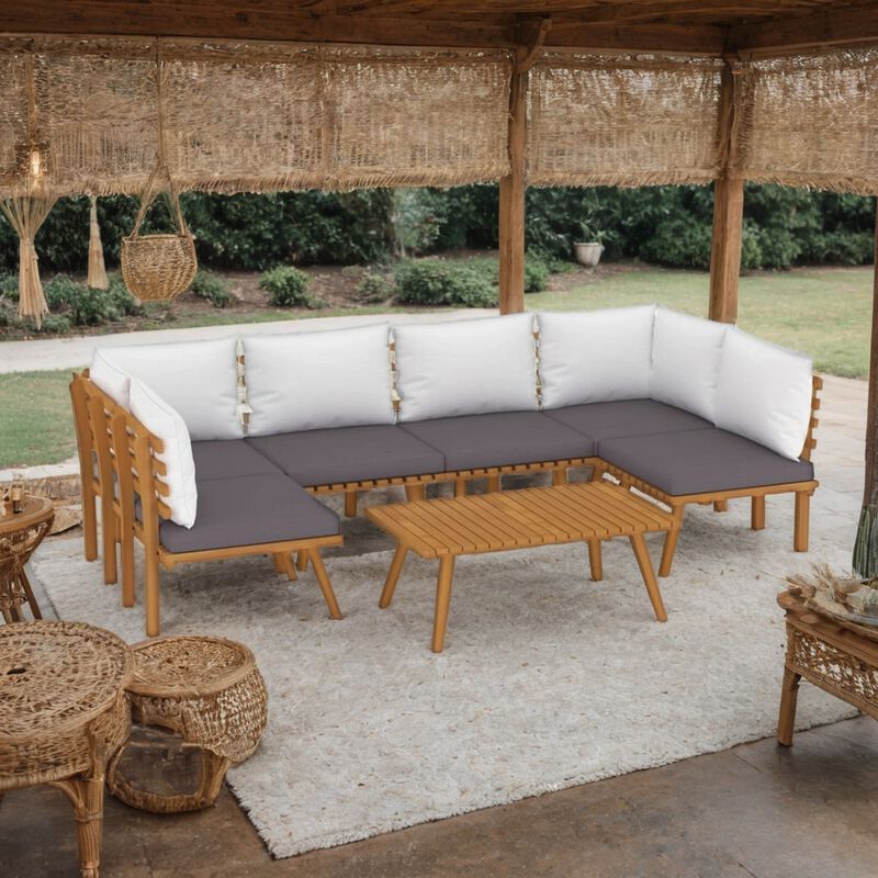 Roma 7pc Modular Outdoor Sofa and Table Set, Solid Wood, Gray White - Benzara