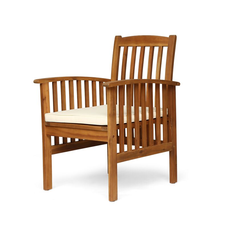 Gerry Dining Chair, Traditional Slat Design Brown Acacia Wood, Beige Fabric - Benzara