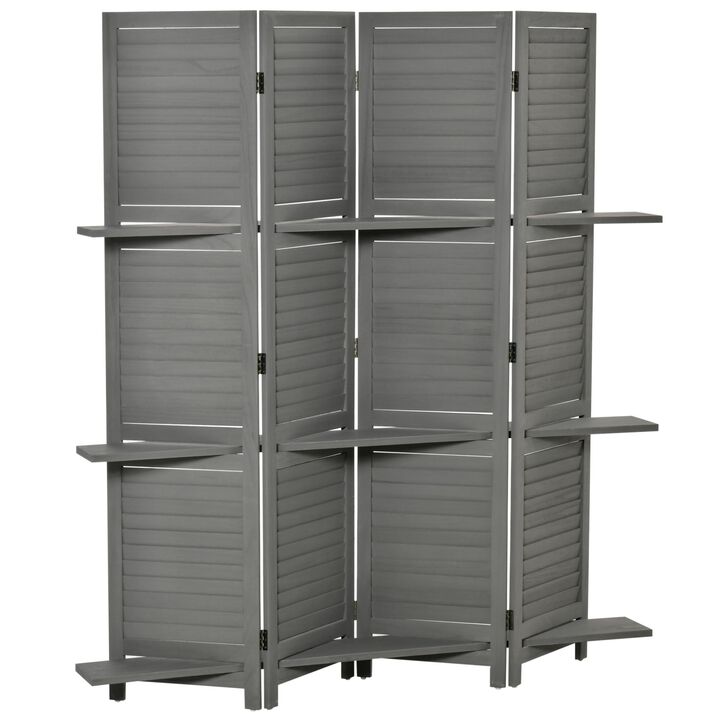 Gray Room Separator: 67" 4-Panel Wood Divider with Display Shelves