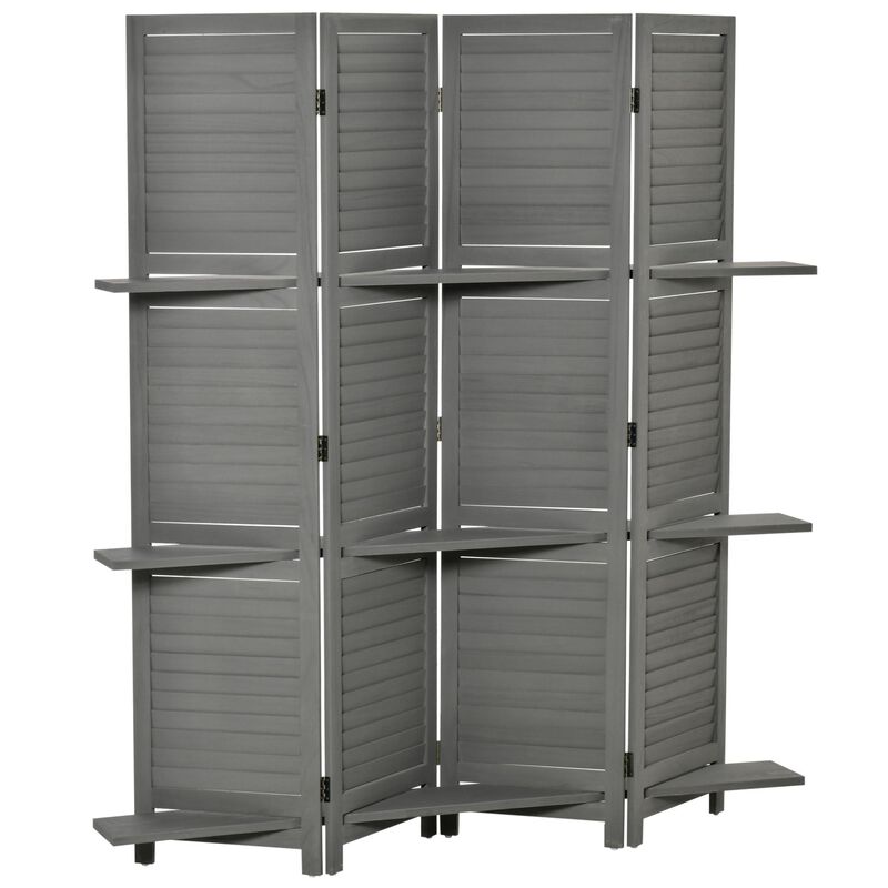 Gray Room Separator: 67" 4-Panel Wood Divider with Display Shelves