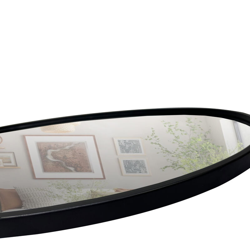 Oval Metal Wall Mirror with Framed Edges and Wooden Backing, Black-Benzara