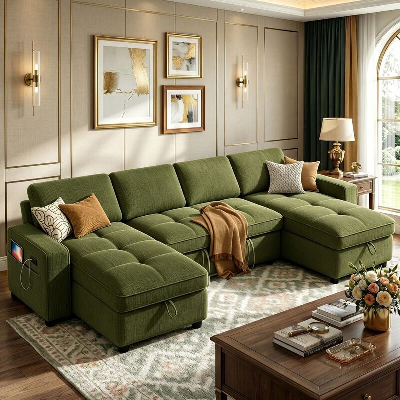 105" U-Shaped Sleeper Sofa Bed, Chenille Pull Out Couch with Reversible Storage Chaise, 5-Position image number 6