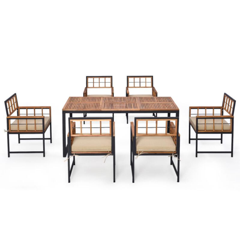 Hivvago 7 Pieces Patio Acacia Wood Dining Set with Soft Cushions and Umbrella Hole