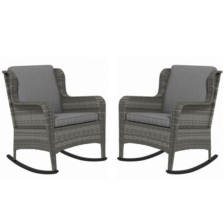 Outsunny Outdoor Wicker Rocking Chair Set of 2 with Wide Seat, Thickened Cushion, Rattan Rockers with Steel Frame, High Weight Capacity for Patio, Garden, Backyard, Gray