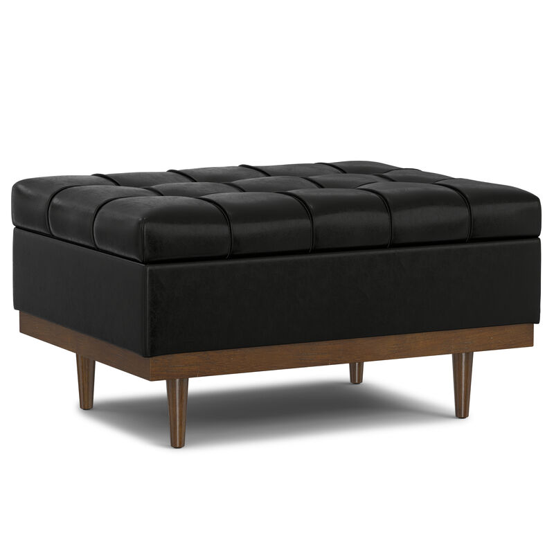 Mariah 34 inch Wide Contemporary Rectangle Coffee Table Storage Ottoman in Midnight Black  PU Black faux leather, Assembled