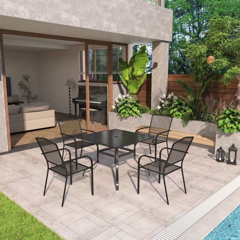 MONDAWE 5-Piece Sqare Steel Table And Steel Mesh Dining Chair Set With 4 Pcs Steel Mesh Dining Chairs, Black,Purchase Set Limited Time Get A Free Parasol(Random Styles&Colors)