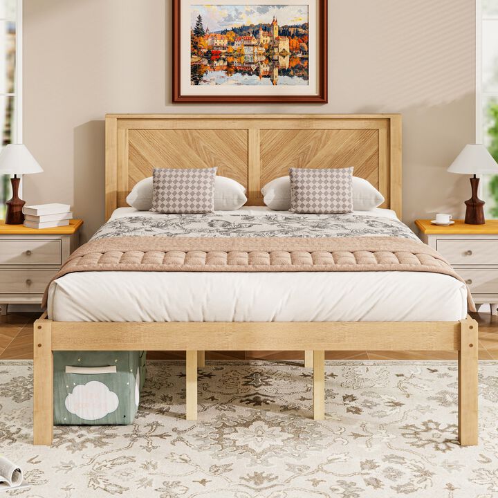 Queen Solid Wood Platform Bed with Herringbone Headboard, Natural Oak Finish, Farmhouse