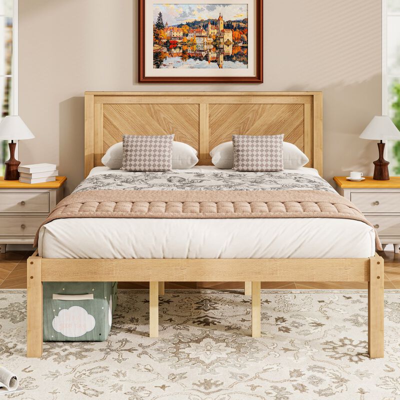 Queen Solid Wood Platform Bed with Herringbone Headboard, Natural Oak Finish, Farmhouse image number 1