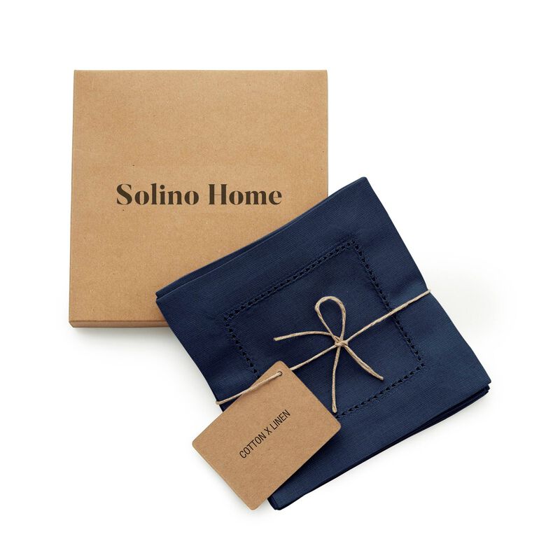 Solino Home Cotton Linen Cocktail Napkins 6 x 6 Inch Set of 12 - Cotton Linen Hemstitch