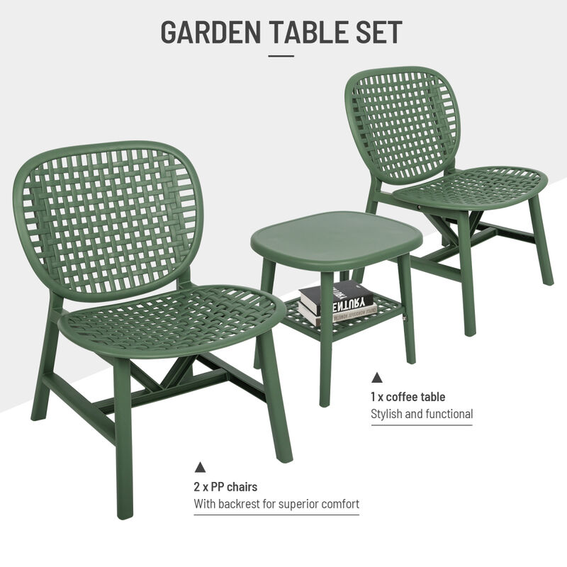 3 Pieces Hollow Design Retro Patio Table Chair Set All Weather Conversation Bistro Set Outdoor Table with Open Shelf and Lounge Chairs with Widened Seat for Balcony Garden Yard Green