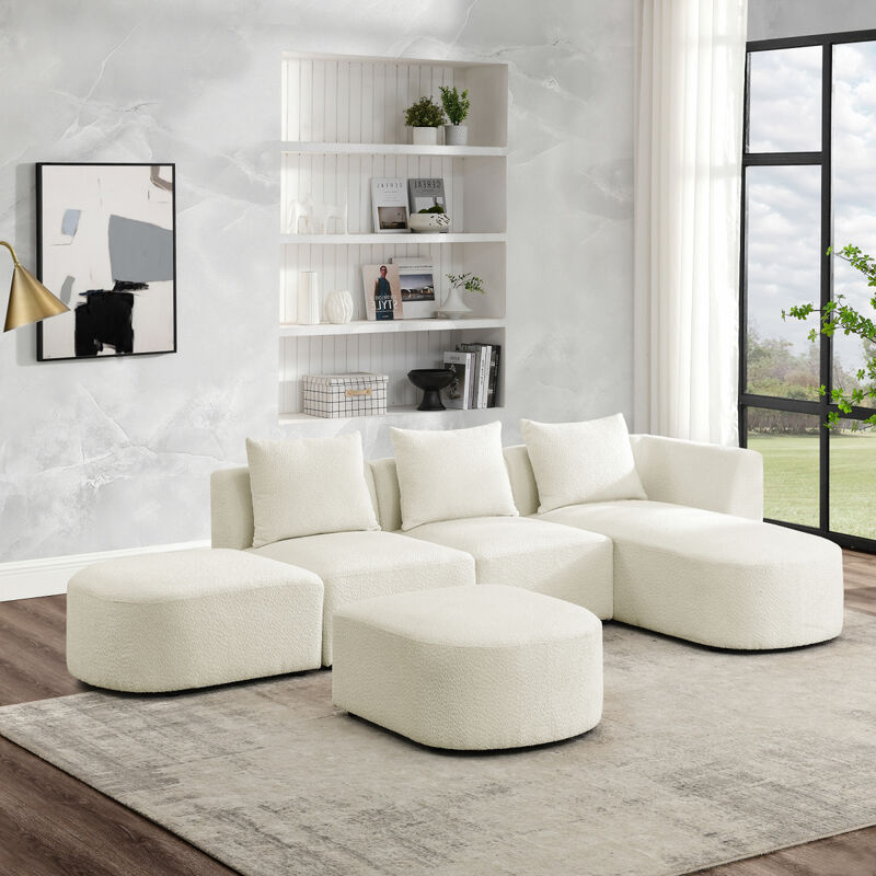 L Shaped Sectional Sofa with Right Side Chaise and Ottoman, Modular Sofa, DIY Combination, Loop Yarn Fabric, Beige