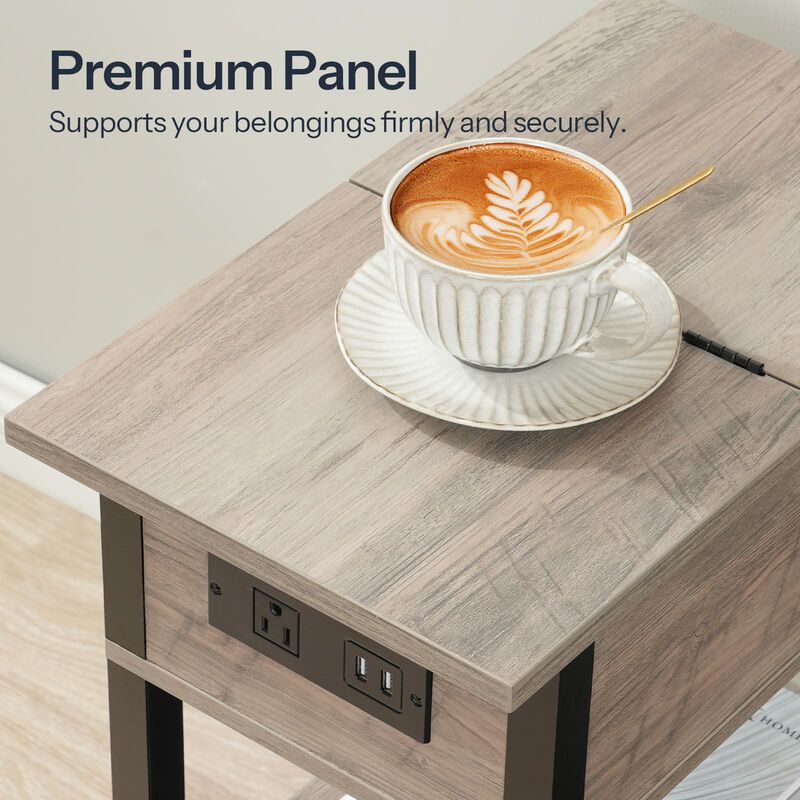 HOOBRO End Table with Charging Station, Flip Top Side Table with USB Ports, Narrow Nightstand Bedside Tables with Storage Shelve