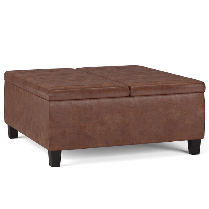 Simpli Home Ellis Coffee Table Storage Ottoman In Distressed Saddle Brown Vegan Faux Leather