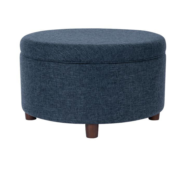 Modern Storage Ottoman, 28 Inch Round Lift Top, Navy Blue Woven Fabric - Benzara