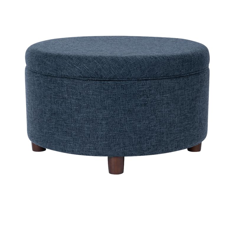 Modern Storage Ottoman, 28 Inch Round Lift Top, Navy Blue Woven Fabric - Benzara