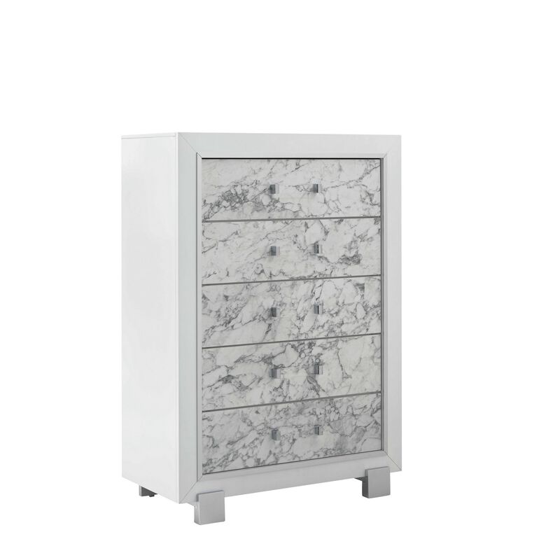 Modern Chest with 5 Drawers Featuring Faux Marble Detailed Front Design