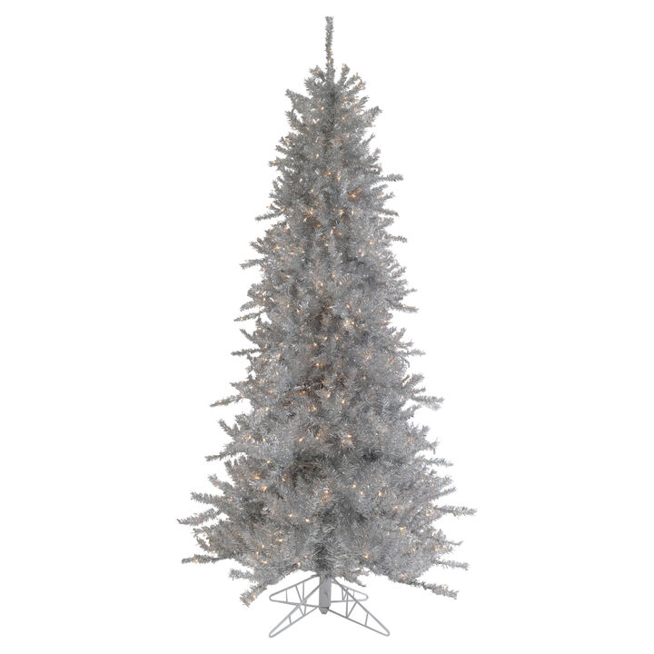 7.5' Pre-Lit Silver Tinsel Pine Slim Artificial Christmas Tree - Clear Lights