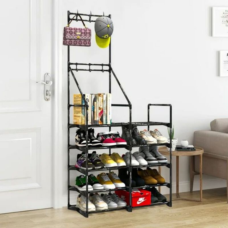 5-Tier Shoe Storage Organizer, Holds 25-30 Pairs, Freestanding Shoe Rack with Hooks