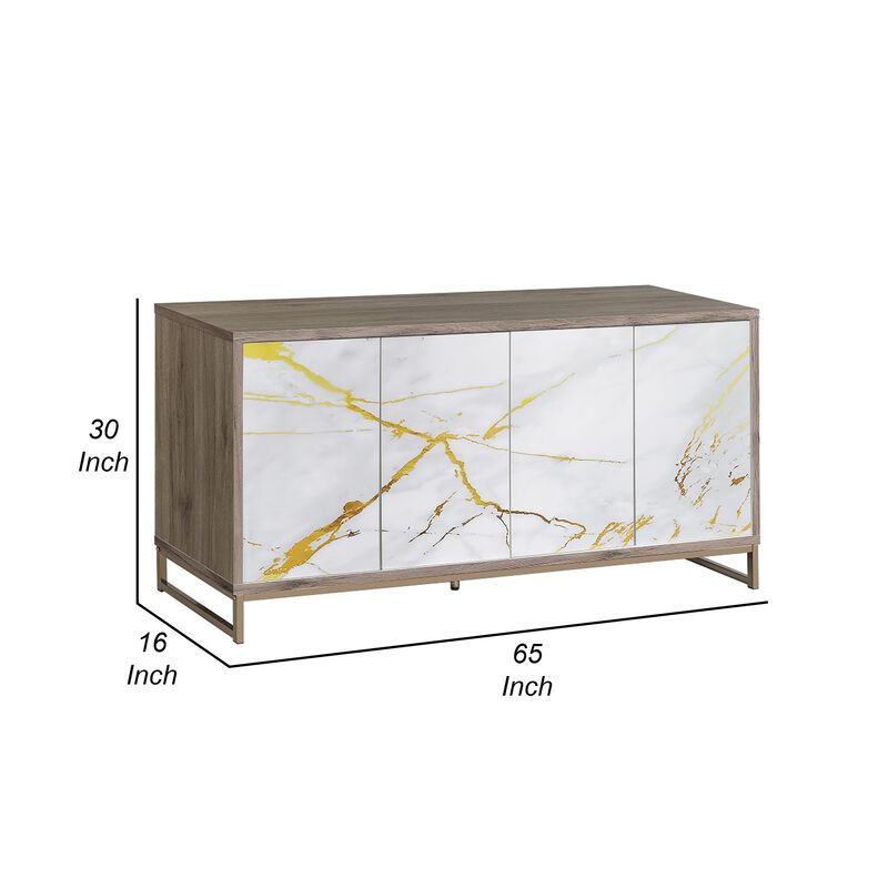 Avia Sideboard Console Cabinet, White Marble Look 4 Door Brown 65 Inch
