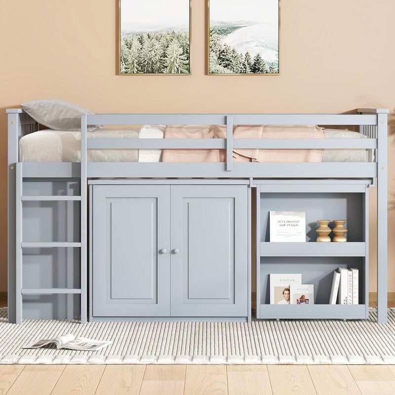 Whisen Twin Loft Bed with Drawers, Built-in Cabinet and Pulling-Out Desk, Rubber Wood Loft Bed with Safety Guardrail and Ladder - Gray