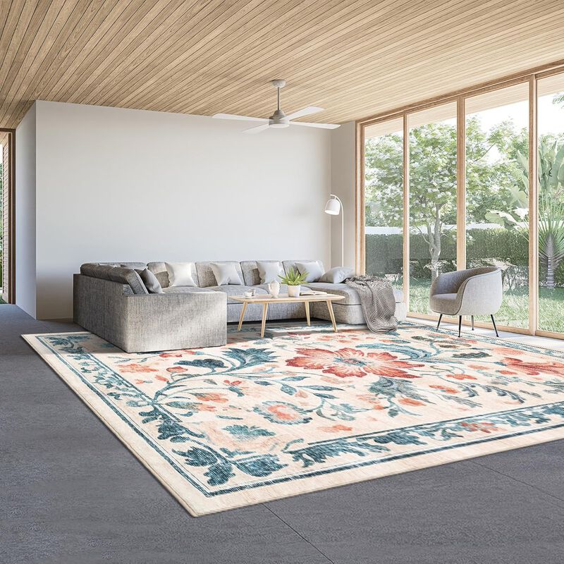 Modern Washable Folding Floral Print Rug, Soft Washable Non - Slip Backing for Living Room Bedroom image number 1