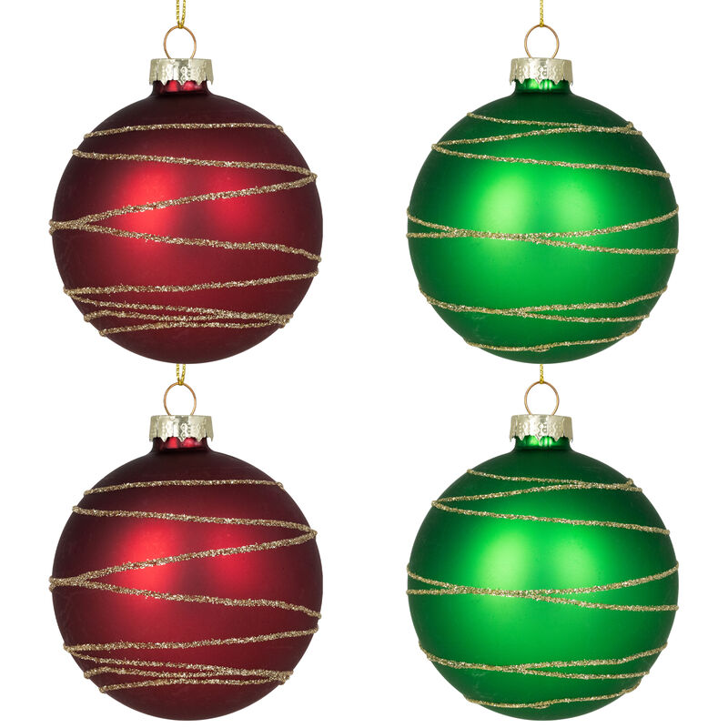 Glittered Golden Stripes Christmas Glass Ball Ornaments - 3" (75mm) - Red and Green - 4ct image number 1