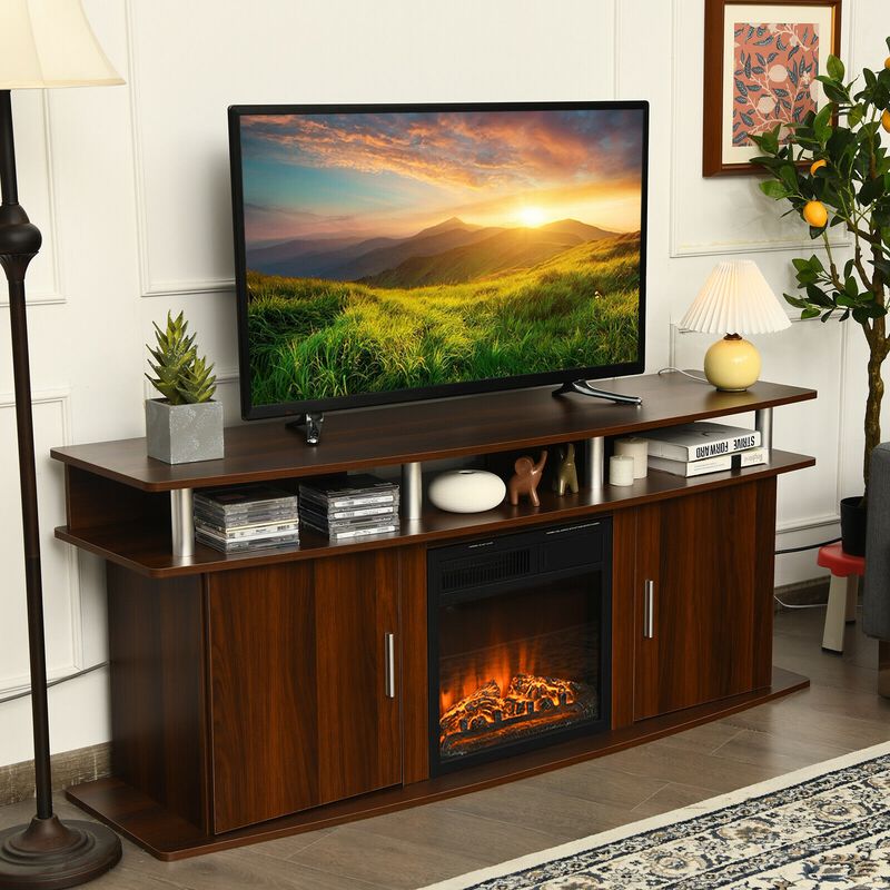 63 Inch TV Entertainment Console Center with 2 Cabinets-Walnut