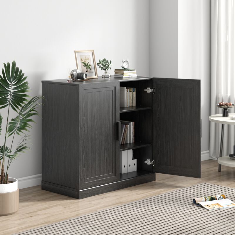 Wood Accent Cabinet in Black, Storage Organizer with Adjustable Shelves and Glass Doors
