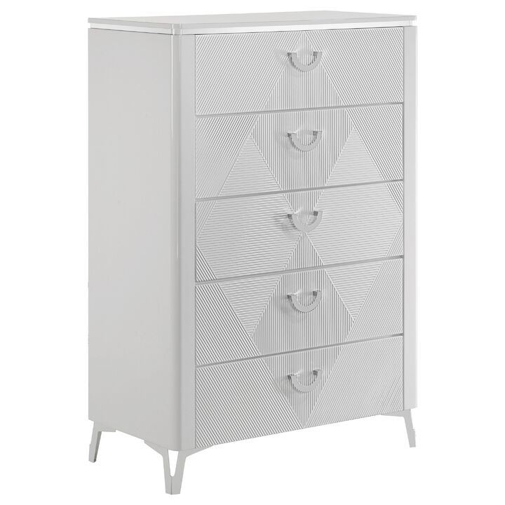 Ivana Tall Dresser Chest with 5 Drawers, Geometric Front, White Wood