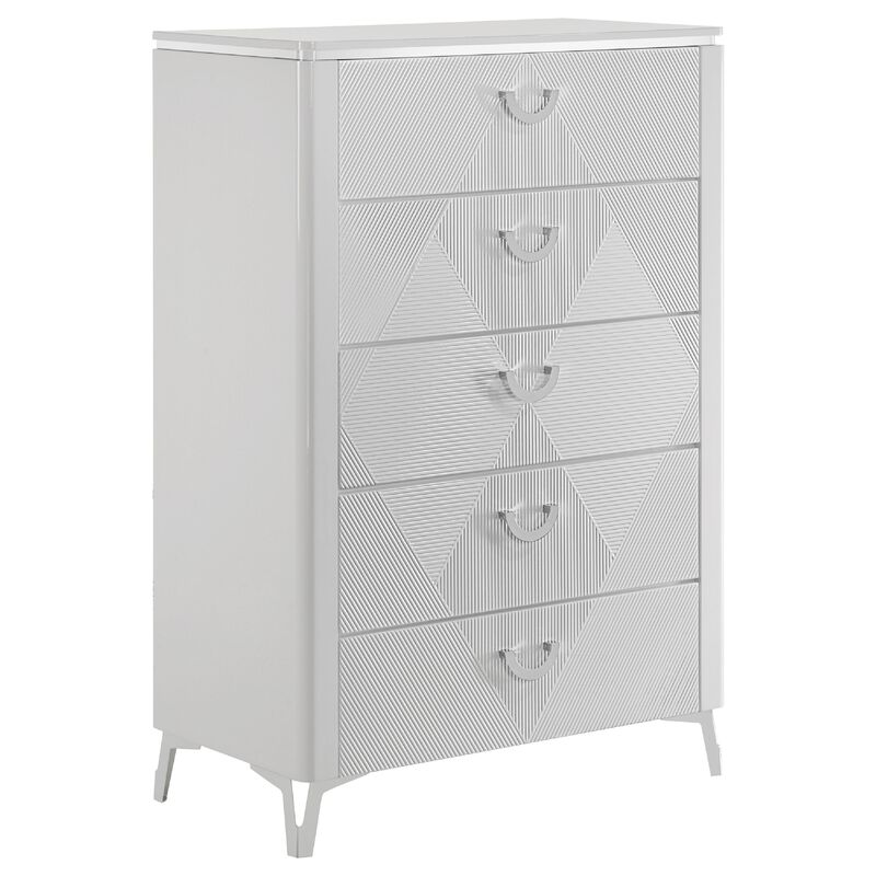 Ivana Tall Dresser Chest with 5 Drawers, Geometric Front, White Wood image number 0