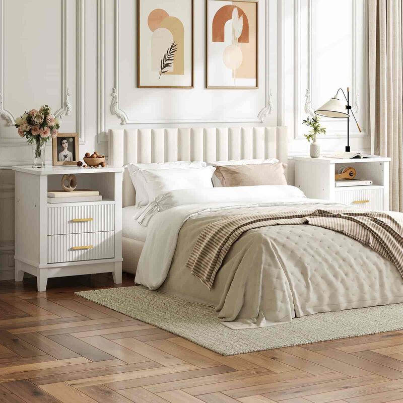 Nightstand with 2 Drawers, LED Light Strip and Storage End Table -White image number 6