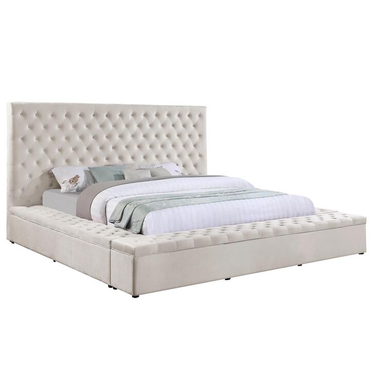 Best Master Furniture Cierra Velvet Platform Cal King Bed with Storage in Cream