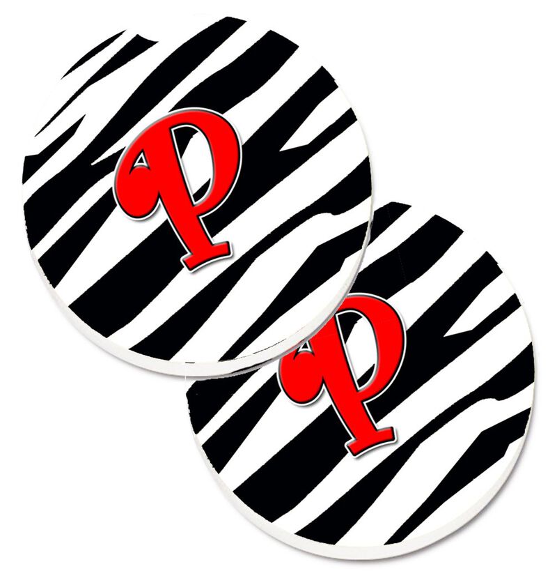 Caroline's Treasures Monogram Initial P Zebra Red Set of 2 Cup Holder Car Coasters CJ1024-PCARC, 2.56, Multicolor