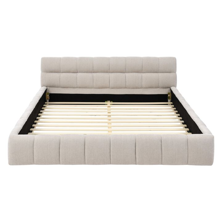 Queen Size Upholstered Bed Frame With Thick Fabric, Chenille Fabric Grounded Platform Bed With Headboard And Solid Frame-Cuddlewood