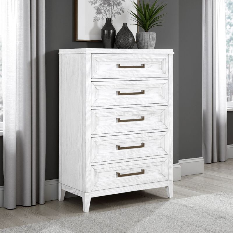Leva Tall Dresser Chest, Distressed White Acacia Wood, 5 Drawers - Benzara