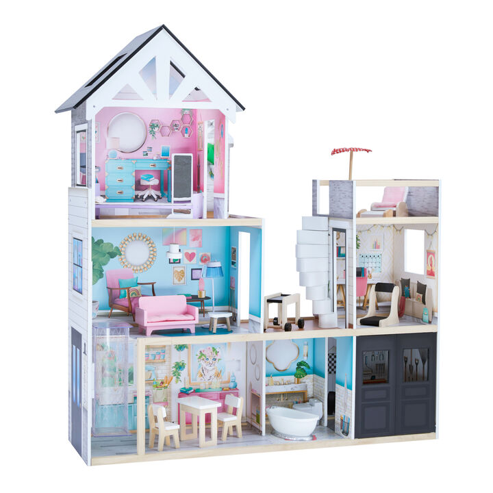 Teamson Kids 3-Story Furnished Dreamland Mansion Dollhouse with Garage, Terrace, Elevator, Spiral Staircase and Accessories