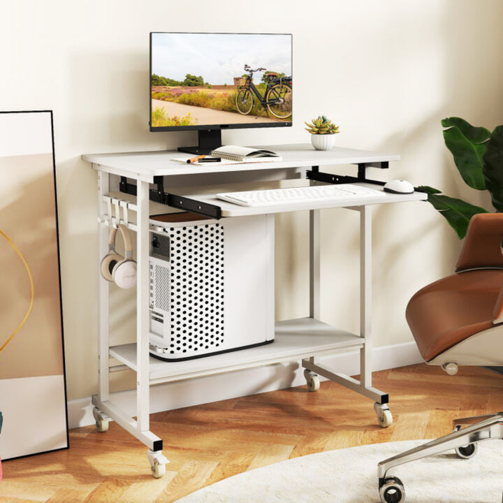 Rolling Computer Table with Keyboard Tray and Storage Hooks