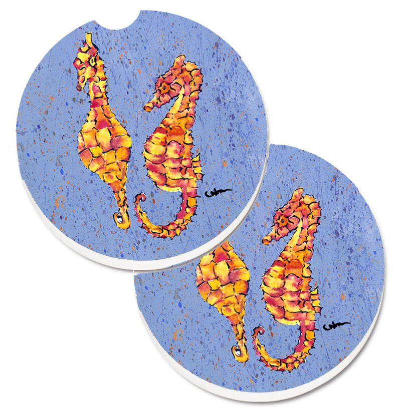 Caroline's Treasures Seahorses On Blue Set of 2 Cup Holder Car Coasters 8526CARC, 2.56, Multicolor