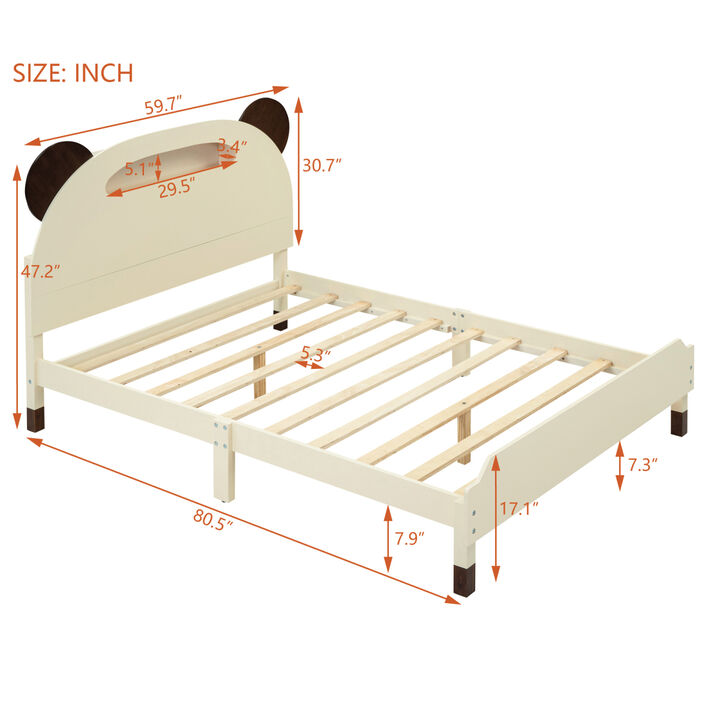 Full Size Wood Platform Bed with Bear-shaped Headboard, Bed with Motion Activated Night Lights, Cream+Walnut