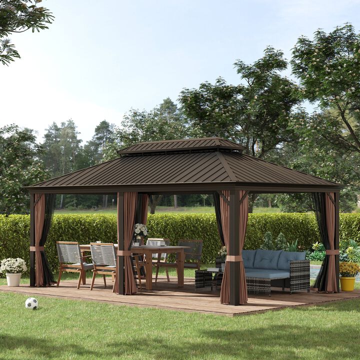 Patio Gazebo 20' x 12' Netting & Curtains, 2 Tier Double Vented Steel Roof, Hardtop,  Rust Proof Aluminum Frame for Outdoor, Gardens, Coffee