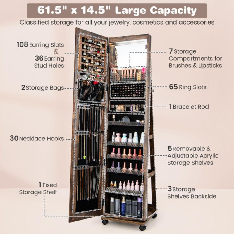 Hivvago 64 Inches Lockable Jewelry Cabinet Armoire with Built-in Makeup Mirror